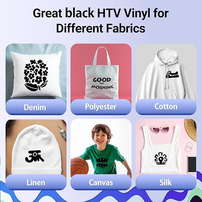Black Heat Transfer Vinyl HTV, 12'' x 10Ft Black Iron on Vinyl for T-Shirts, Black HTV Vinyl Compatible with Cricut, Heat Press Vinyl for DIY Heat Vinyl Design