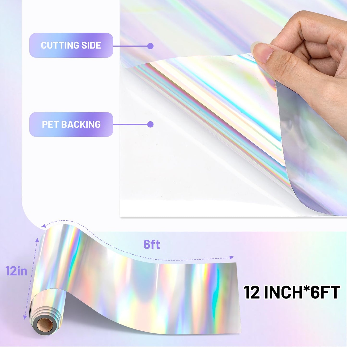 Holographic Vinyl Permanent Vinyl for Cricut, 12'' x 6 FT Silver Impervious Iridescent Adhesive Vinyl Roll for All Cutting Machine, Silhouette, Cameo Cutter, Home Outdoor Decor, Decal, Sticker
