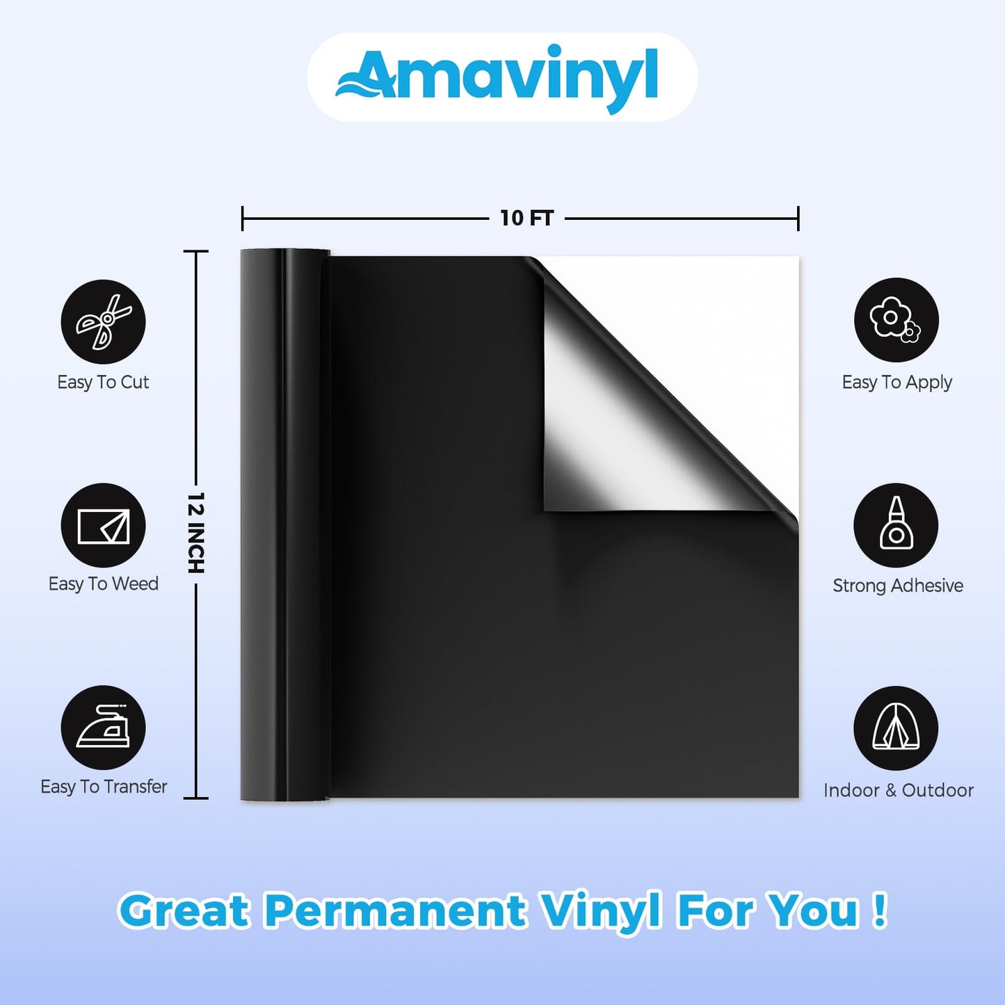 Matte Black Permanent Vinyl Roll for Cricut Silhouette, 12'' x 10 FT Black Adhesive Vinyl for All Cutting Machine Cutters, Indoor Outdoor Black Vinyl, Impervious Car Decal Cup Sticker Craft