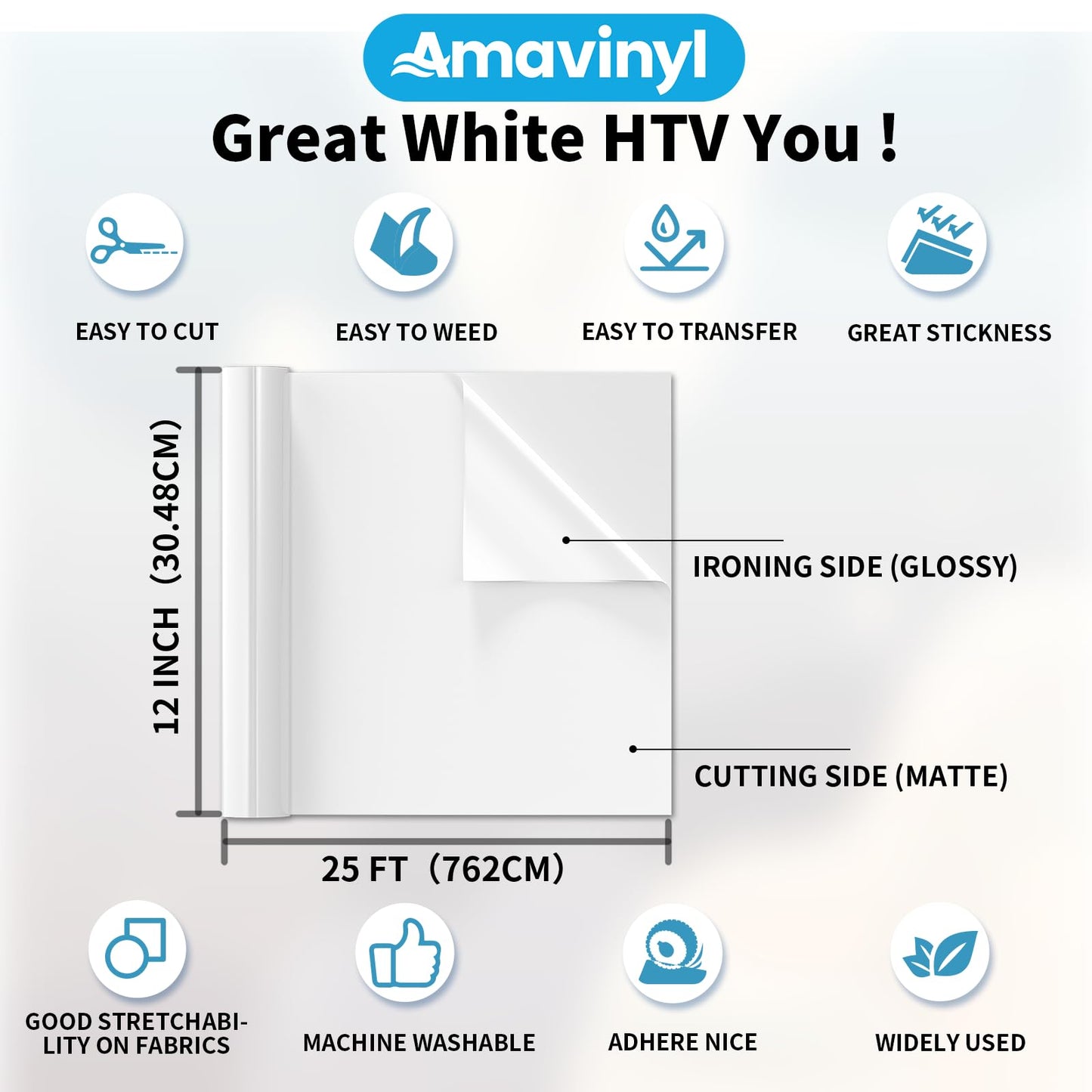 Amavinyl White Heat Transfer Vinyl Roll, 12'' x 25ft White Iron on Vinyl, Compatible with Cricut Machines, White HTV Vinyl for T-Shirts Design