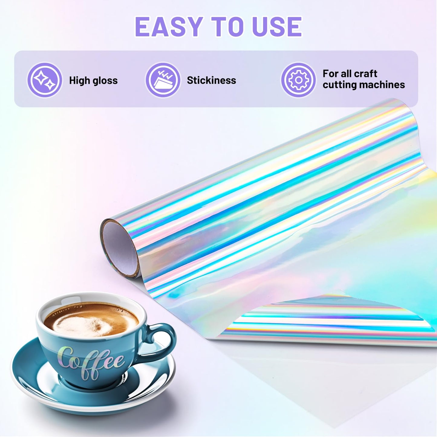 Holographic Vinyl Permanent Vinyl for Cricut, 12'' x 6 FT Silver Impervious Iridescent Adhesive Vinyl Roll for All Cutting Machine, Silhouette, Cameo Cutter, Home Outdoor Decor, Decal, Sticker
