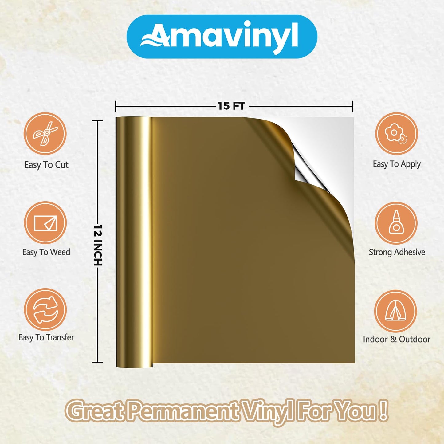 Gold Permanent Vinyl, 12'' x 15FT Gold Vinyl Roll for All Cutting Machine, Outdoor Permanent Vinyl for Decor Sticker, Scrapbooking, Signs, DIY, Waterproofed