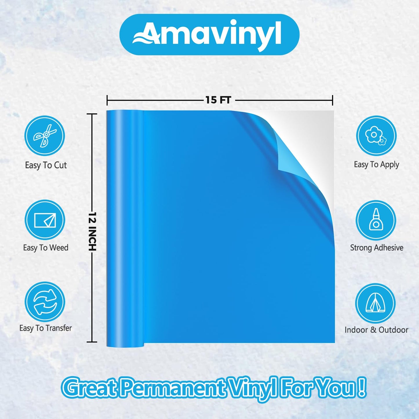 12'' x 15 FT Gloss Blue Permanent Vinyl for Cricut Silhouette, Blue Adhesive Vinyl for All Cutting Machine, Indoor Outdoor Blue Vinyl Roll, Impervious Cup Sticker DIY Craft Decor