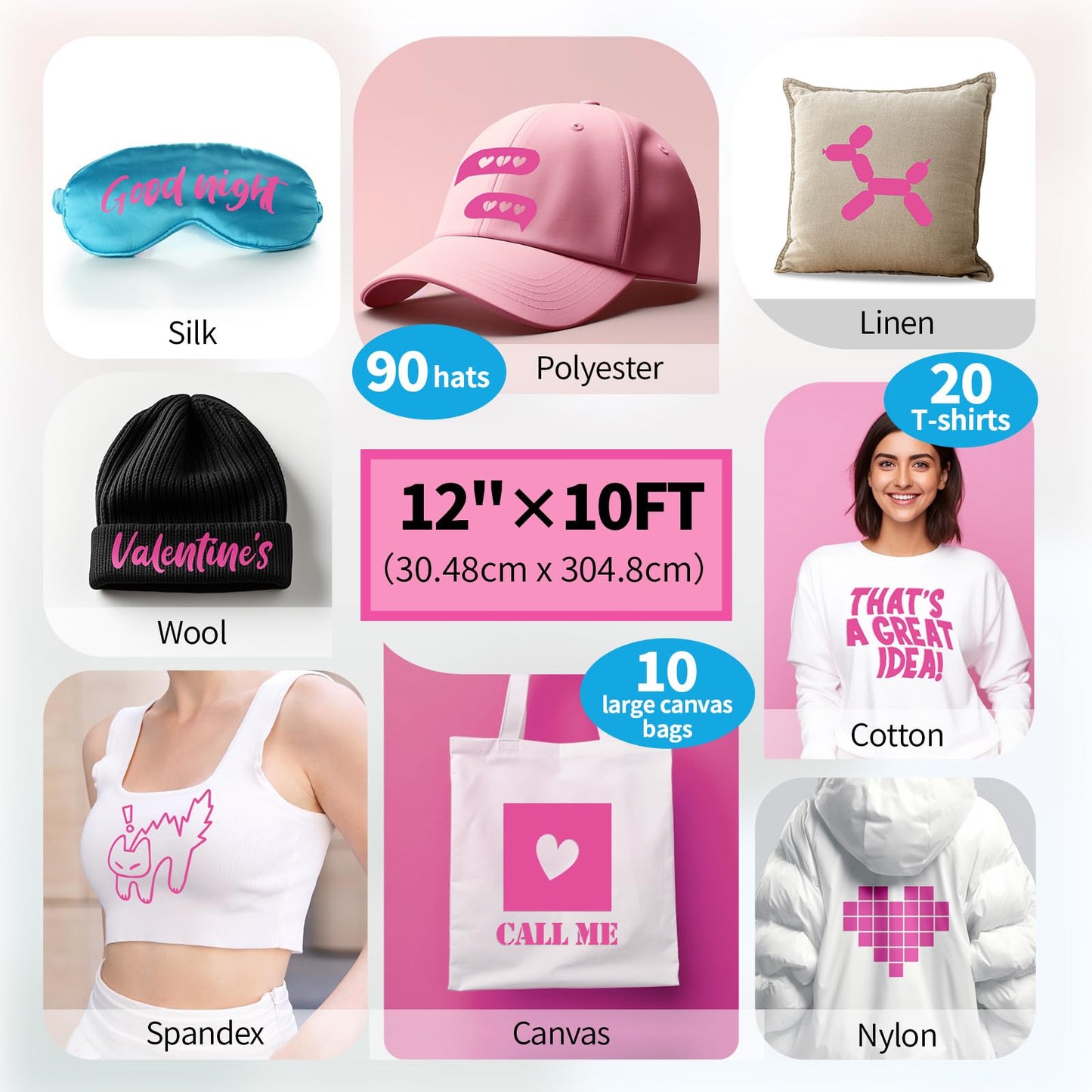 Amavinyl Pink Heat Transfer Vinyl, 12'' x 10ft Pink Iron on Vinyl, Compatible with Cricut and Cameo Cutter Machines, Pink HTV Vinyl for T-Shirts Design