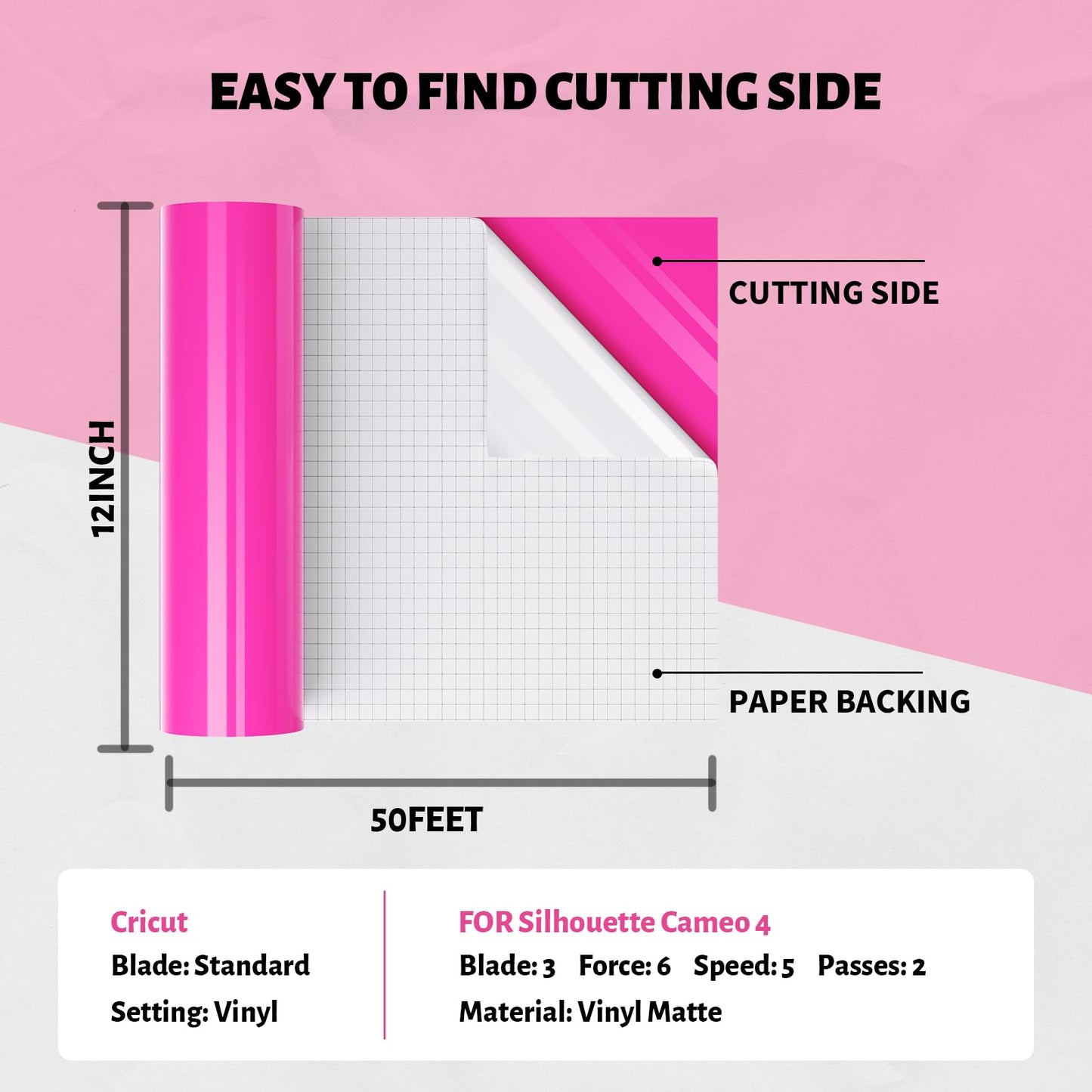 12'' x 50 FT Gloss Pink Permanent Vinyl Roll for Cricut Silhouette, Pink Adhesive Vinyl for All Cutting Machine, Impervious Outdoor Pink Vinyl, Car Decal Cup Sticker DIY Craft Decor