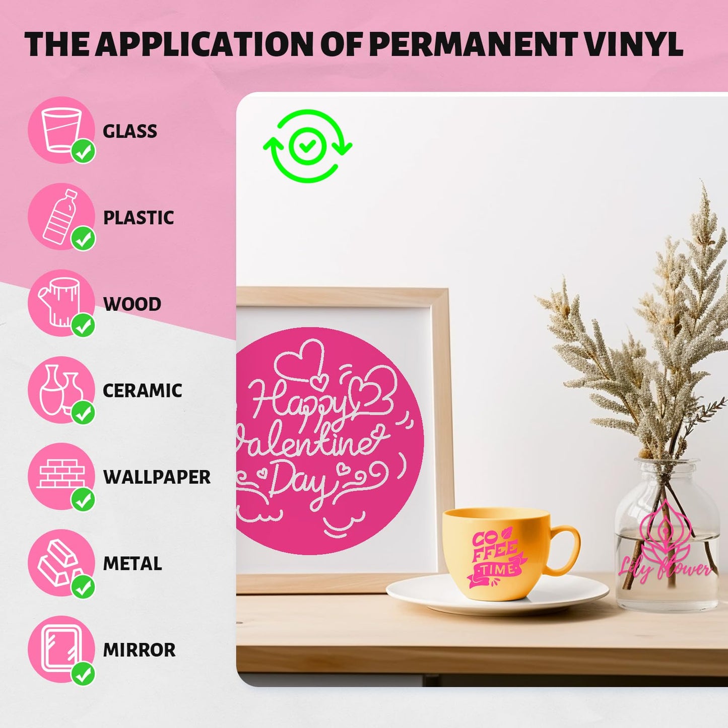 12'' x 50 FT Gloss Pink Permanent Vinyl Roll for Cricut Silhouette, Pink Adhesive Vinyl for All Cutting Machine, Impervious Outdoor Pink Vinyl, Car Decal Cup Sticker DIY Craft Decor