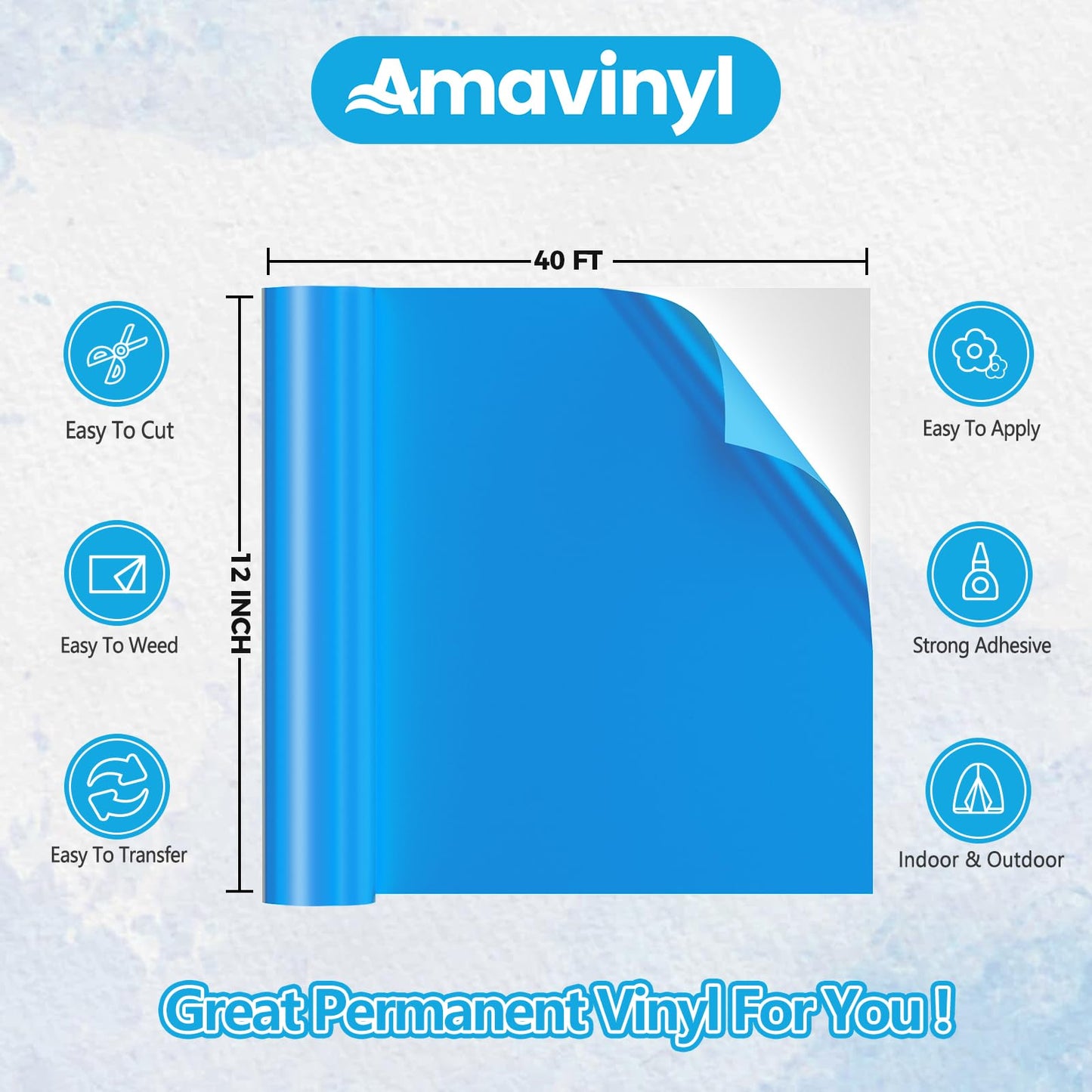 Amavinyl 12'' x 40 FT Gloss Blue Permanent Vinyl for Cricut Silhouette, Blue Sticker Vinyl, Impervious Adhesive Blue Vinyl Roll Weatherproof, Use on Vehicle Cup Glass Decal Outdoor Decor