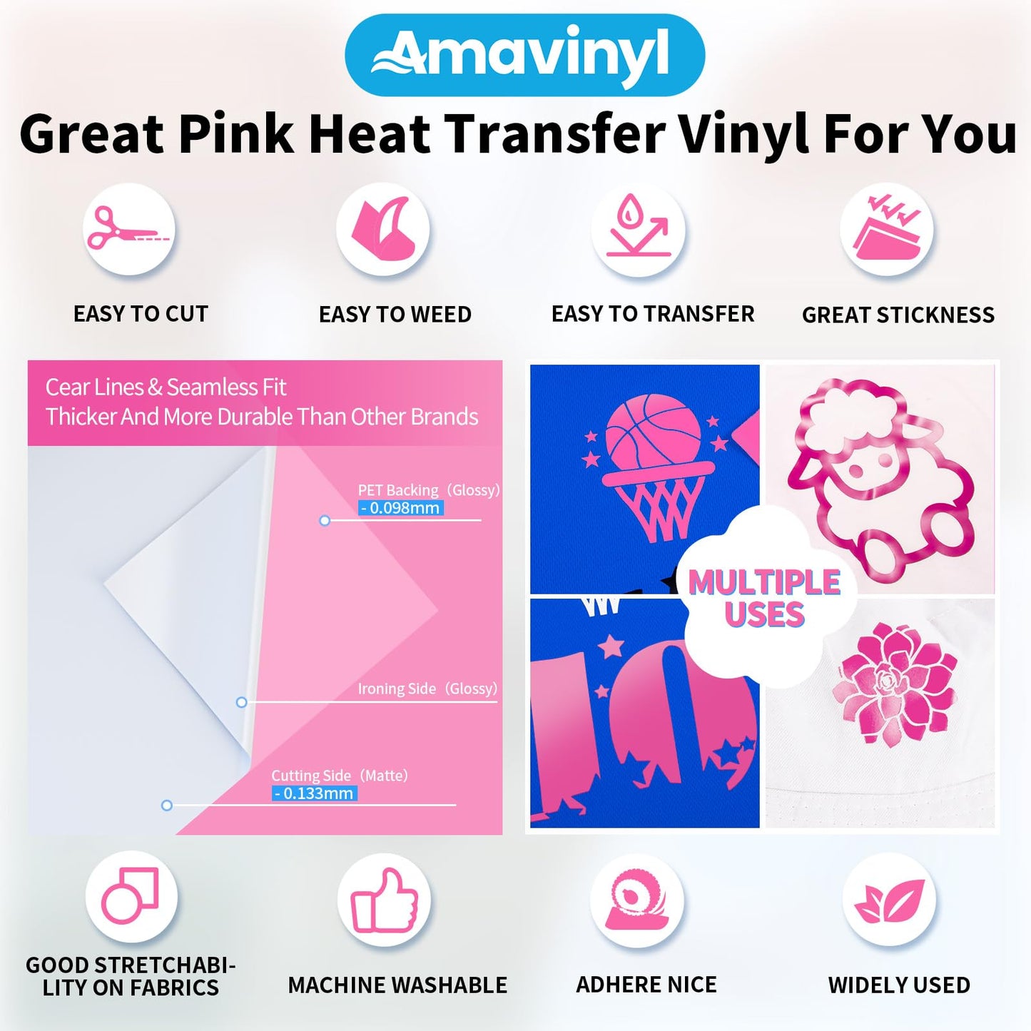 Amavinyl Pink Heat Transfer Vinyl, 12'' x 10ft Pink Iron on Vinyl, Compatible with Cricut and Cameo Cutter Machines, Pink HTV Vinyl for T-Shirts Design